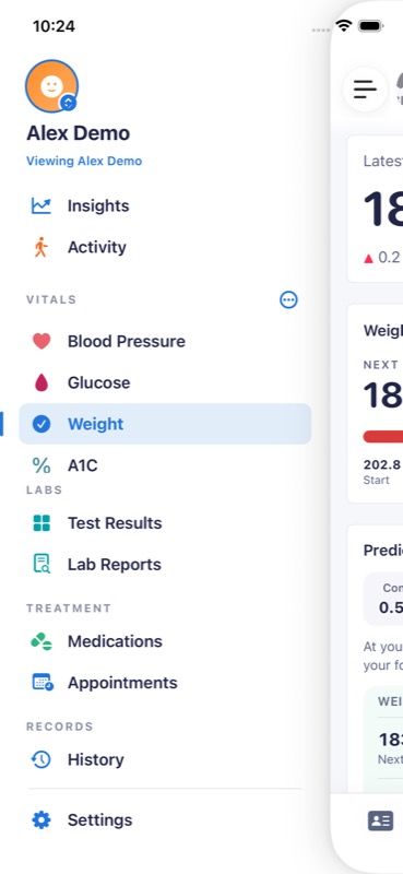 Navigation drawer with vitals, labs, treatment, and records