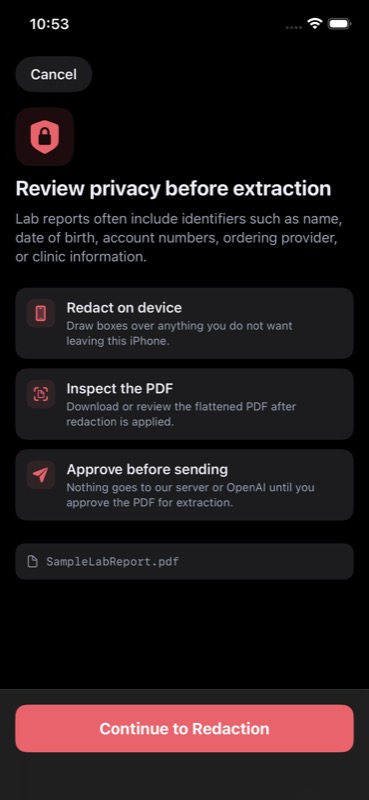 Privacy review screen listing redact on device, inspect the PDF, and approve before sending