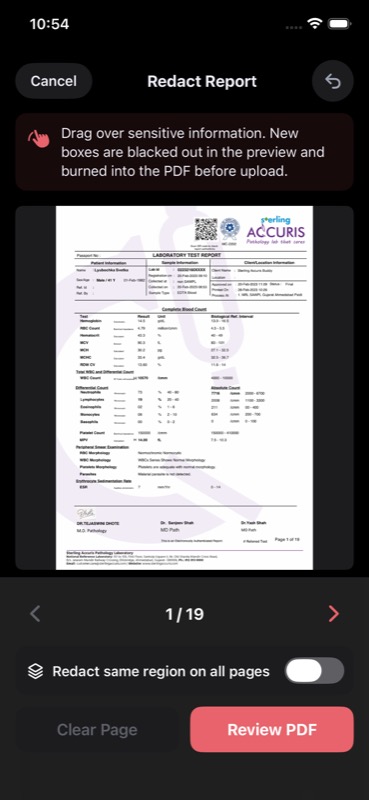 Redaction screen where you drag boxes over sensitive information on the report