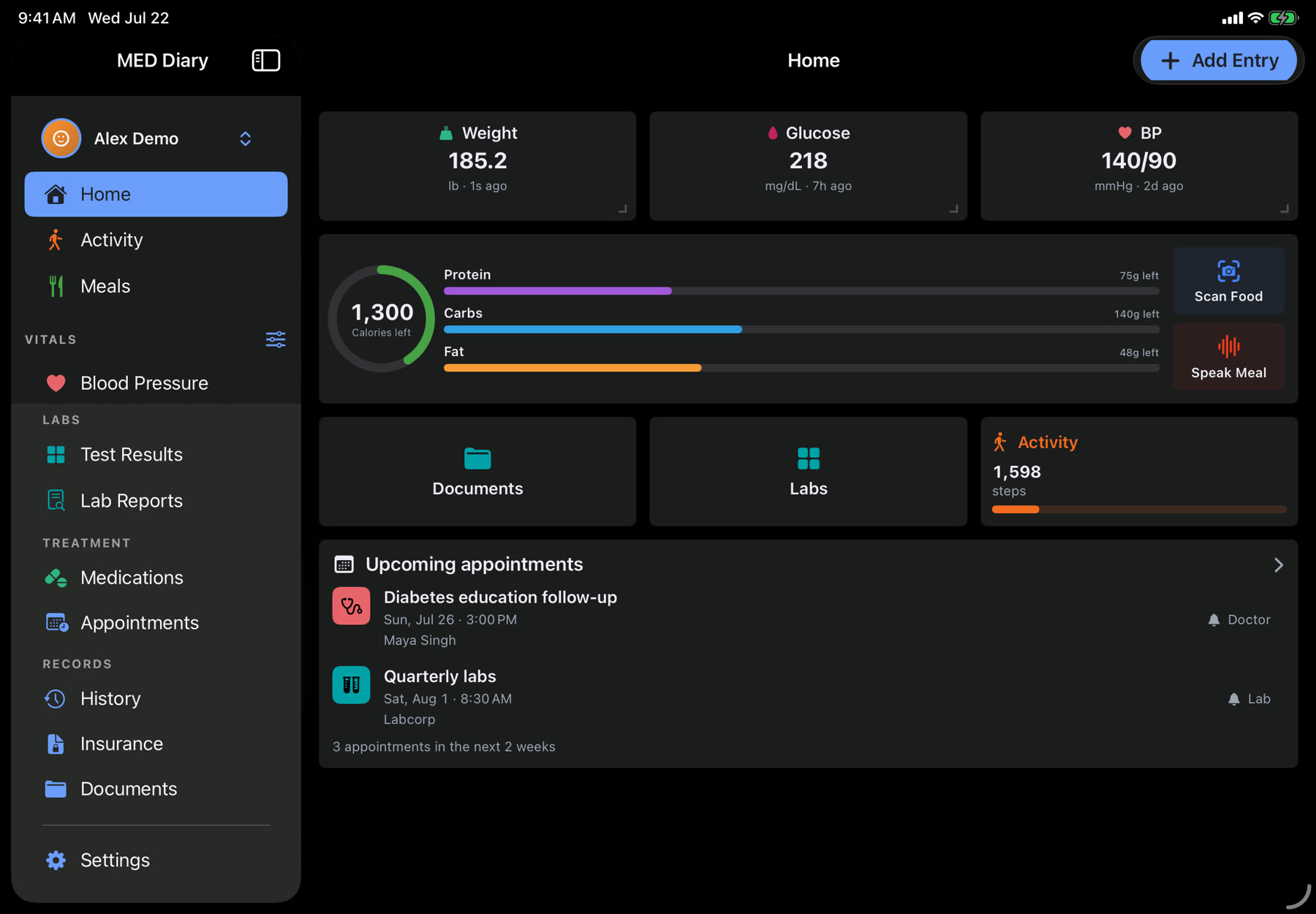 MED Diary Home on an iPad in Dark Mode