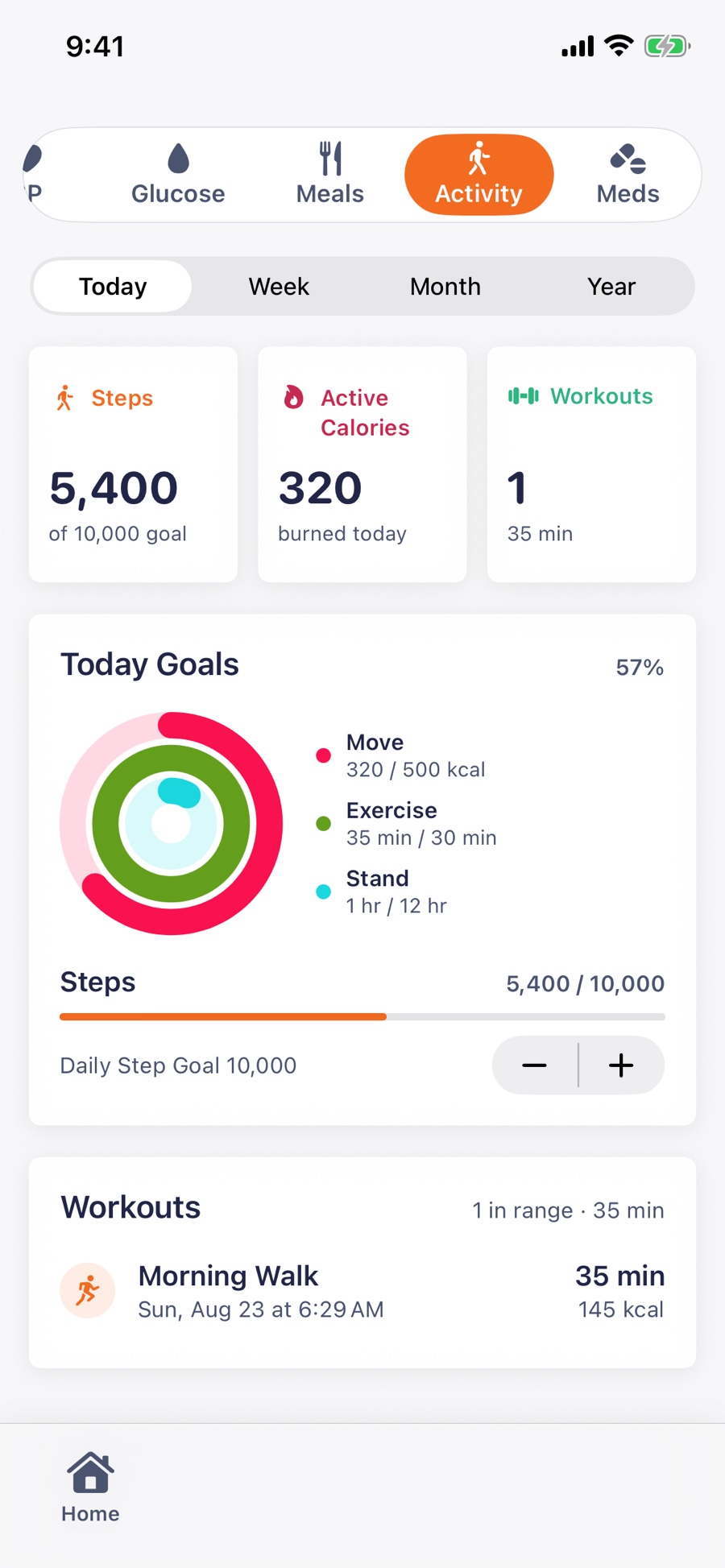 The Activity screen with 5,400 steps, 320 active calories, one 35-minute workout, Activity rings, and step-goal progress