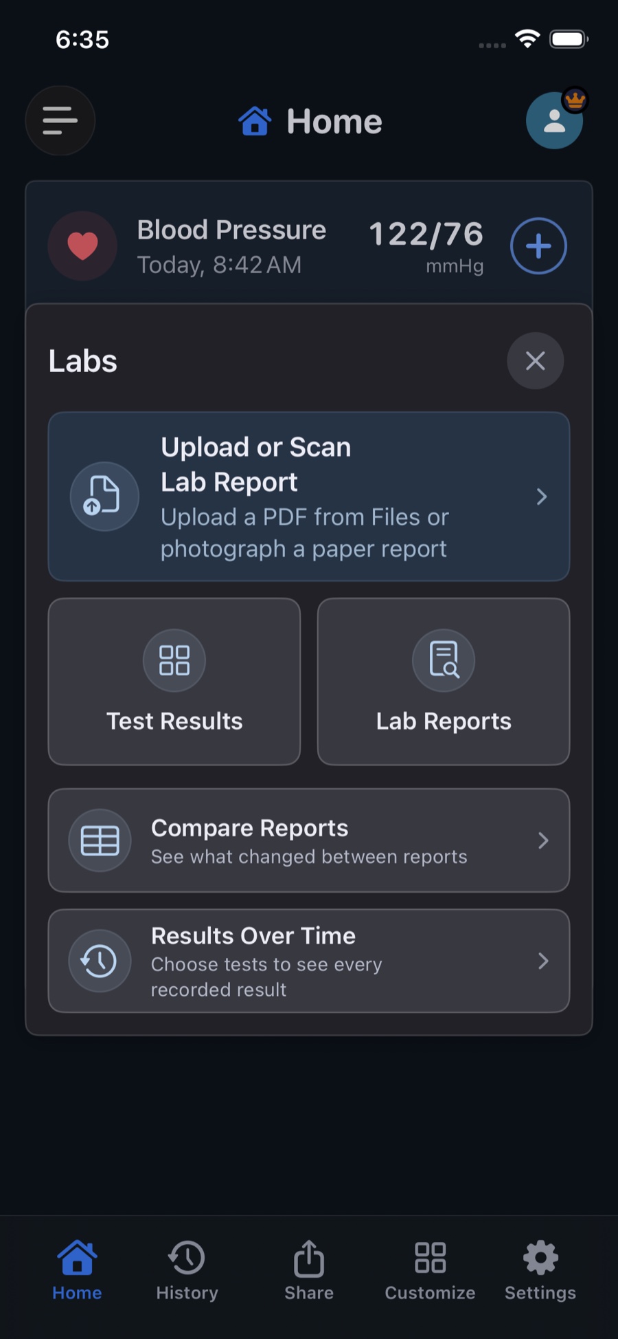 The Labs panel in Dark Mode with routes to upload or scan a report, review test results, compare reports, and see results over time