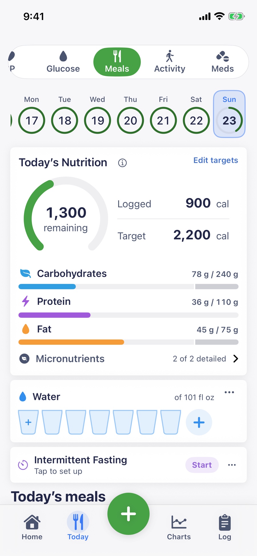 The Meals screen with a 2,200-calorie target, 900 calories logged, colored carbohydrate, protein, and fat progress bars, water, and fasting